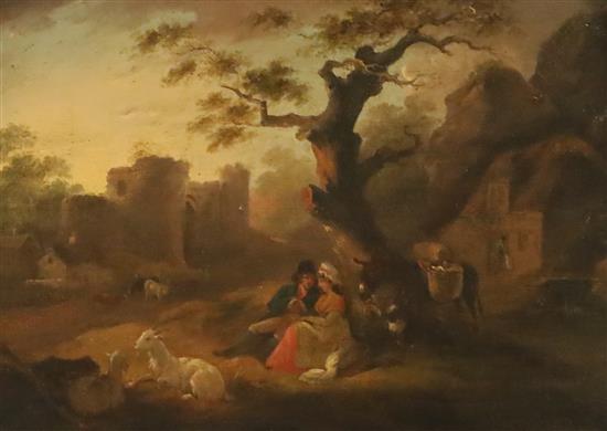 Attributed to Julius Caeser Ibbetson (1759-1817) Travellers resting near ruins 9.5 x 13.25in.